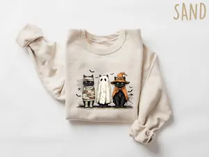 [SALE UP TO 45%] Black Cat Pumpkin Sweatshirt, Ghots Cat Shirt, Retro Halloween Crew Neck Unisex, Gothic Halloween Cat Mama Shirt
