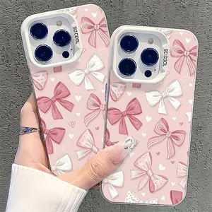 Cute and sweet pink full-screen bow pattern, anti-drop, non-slip TPU full-cover lens mobile phone protective case, suitable for iPhone 16 15 14 13 12 11 XS X, Samsung and other series models, can be given as a gift to friends or family