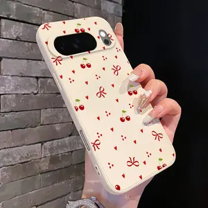 Rounded Edge Phone Case for Google Pixel 10 9 XL 8 7 Pro A  Cherry Heart Bow Pattern Anti-Scratch Shockproof TPU Bumper Drop-proof Cover Cellphone Protective