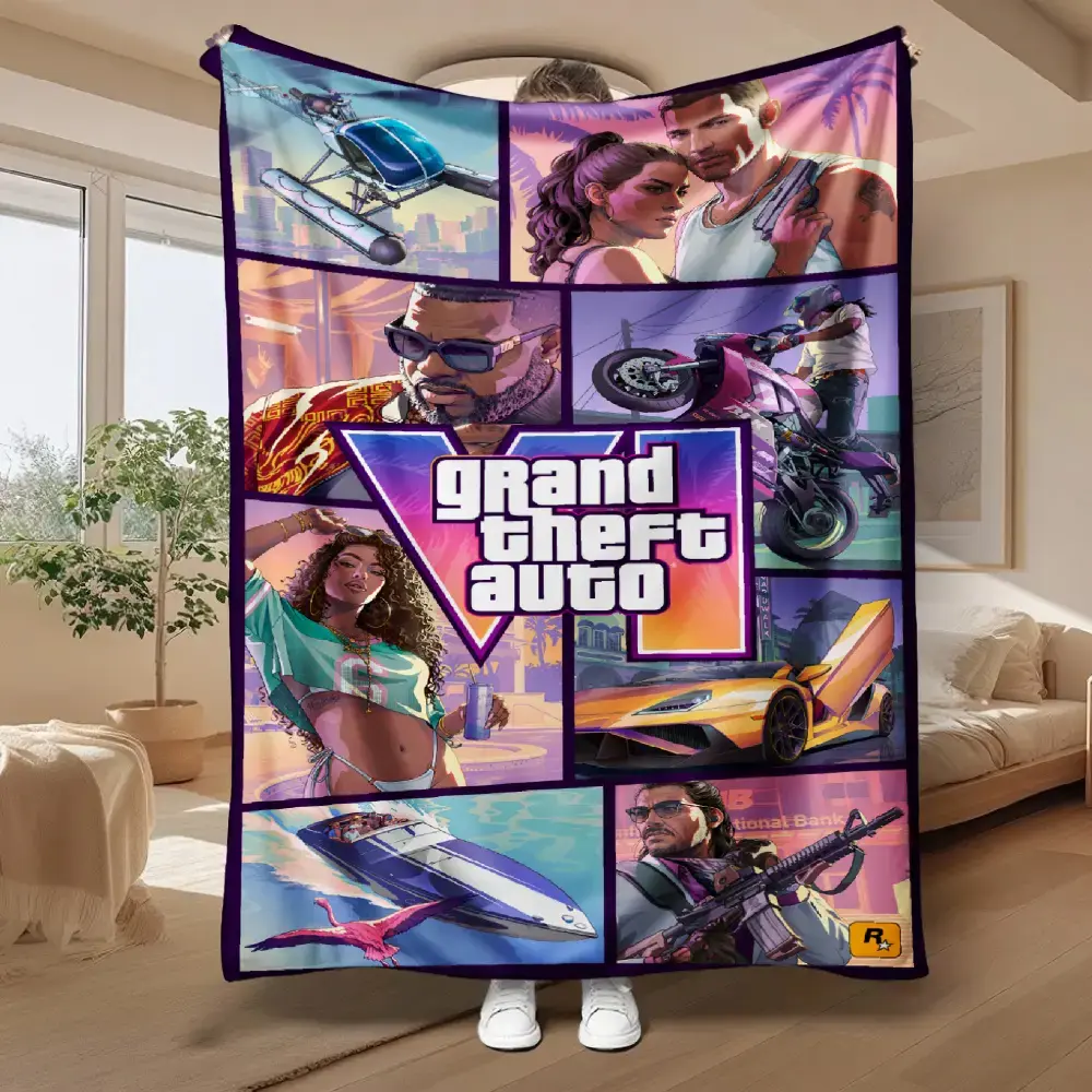 GTA6 Themed Print Cozy Flannel Throw Blanket, Large Size, Soft, Lightweight, Warm, Ideal for Sofa and Bed, Perfect Christmas Winter Gift, Flannel Throws