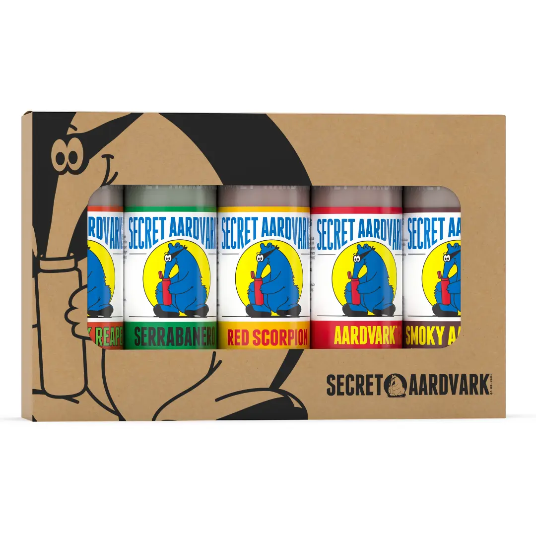 Secret Aardvark Gift Box- 5 Hot Sauces: Aardvark Habanero, Serrabanero, Smoky Aardvark Chipotle Hab Sauce, Reaper, Red Scorpion- 5 8Fl Oz Bottles