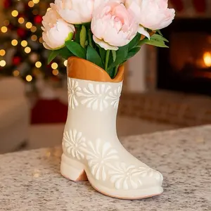 Talavera Boot Flower Vase | Terracotta & White | Lead free
