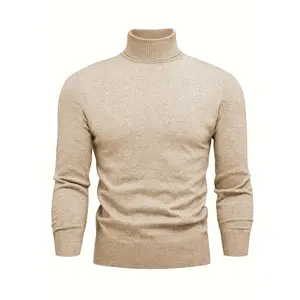 Men's Solid Color Viscose Blend Knitted Pullover Sweater - Casual Long-Sleeved High-Neck Winter Knitwear with Medium Elasticity Tops Menswear Knife Beige aelfric eden sweater Plain Yellow