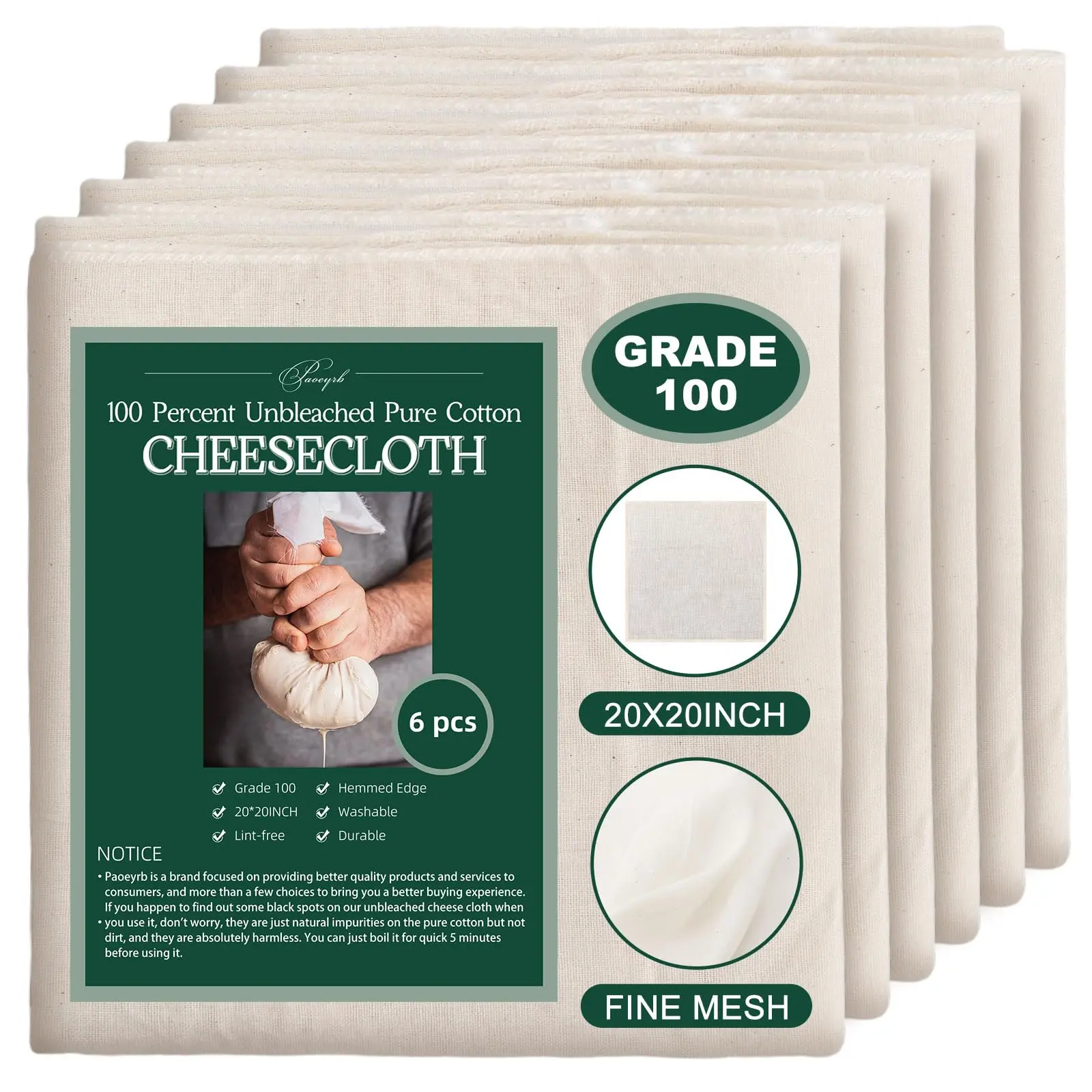 6Pcs 20x20Inch Cheese Cloth, 100Percent Organic Unbleached Pure Cotton Muslin Cloth, Reusable Cheesecloth, Premium Cheesecloth for Straining, Cooking, Bread, Butter