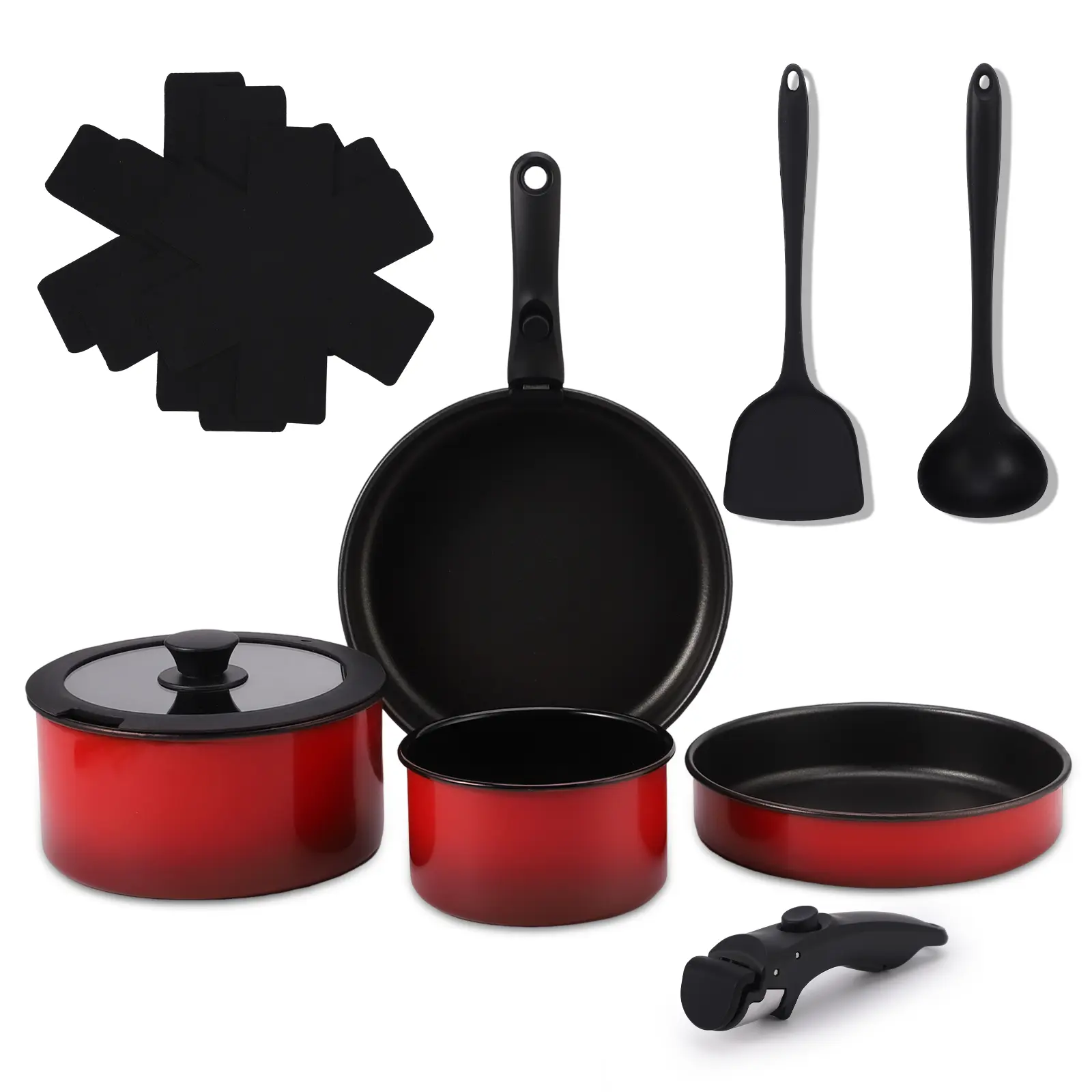 Enameled Iron Nonstick Cookware Set with Detachable Handle, Silicone Spatula, Ladle, Lids, Square Cooking Pans & Pots, Induction-Compatible for RV Use, Cooking Pans Set