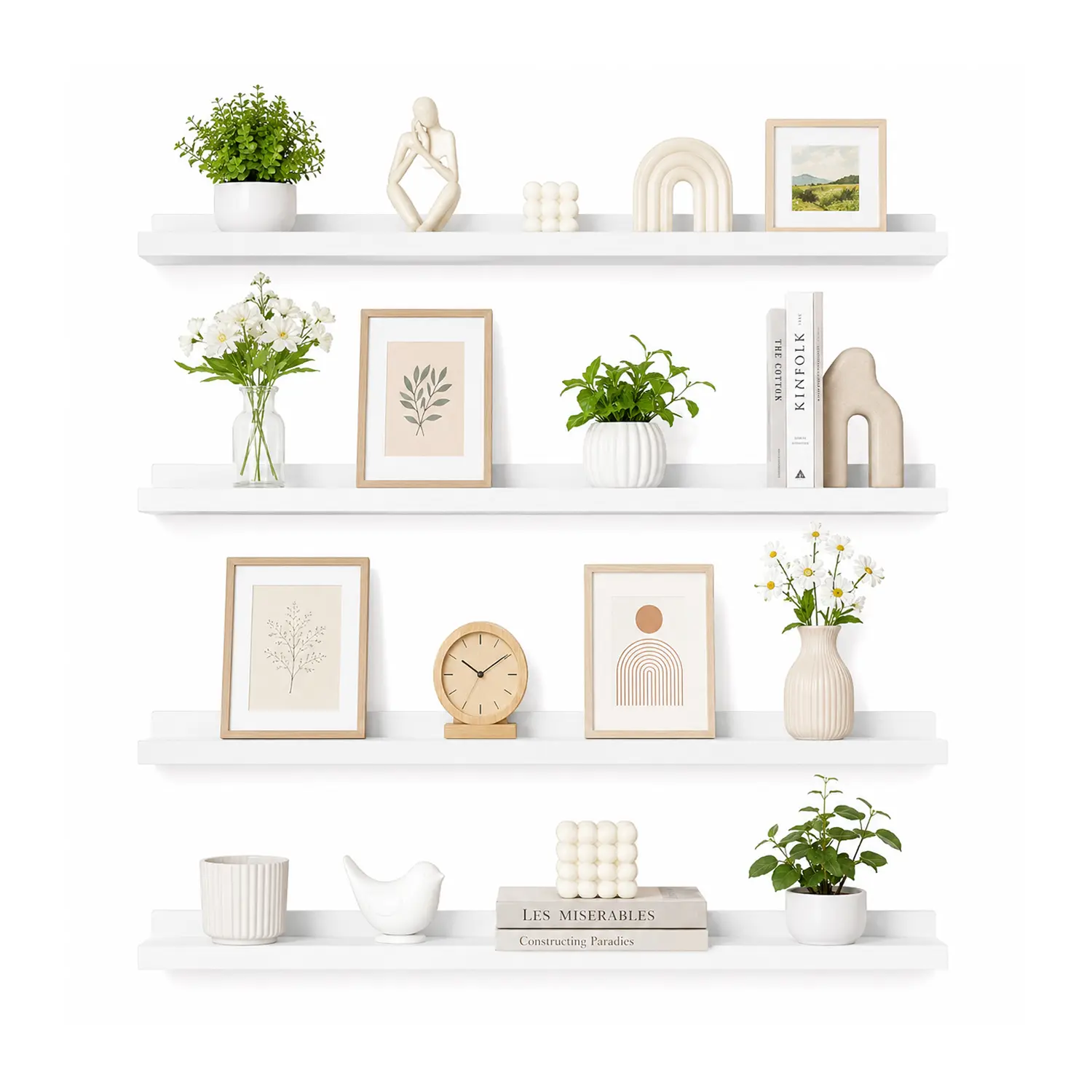 24 Inch Picture Ledge Shelves Set of 4, White Floating Wall Shelves with Protective Ledge for Photos Books Decor and Storage