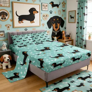 Cartoon Dachshund Bed Sheet Set,Bones Dog Paws Hand Sketch Bedding Set Adult,Cute Puppy Kawaii Pet Animal Sheet Sets Flat,Fitted Sheet