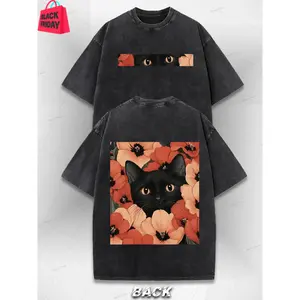 Unisex Vintage Washed T-Shirt - Black Cat & Floral Print (Front/Back), Y2K Loose Fit Beige, All-Season Casual, Machine Washable