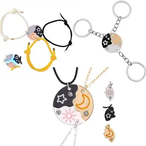 Tiktokvibes Set of 3 Round Rhinestone Sun Moon Star Friendship Necklace/Bracelet/Keychain Best Friends Forever Fantasy Cute Magnetic Pendant for Unbreakable Friendship Family