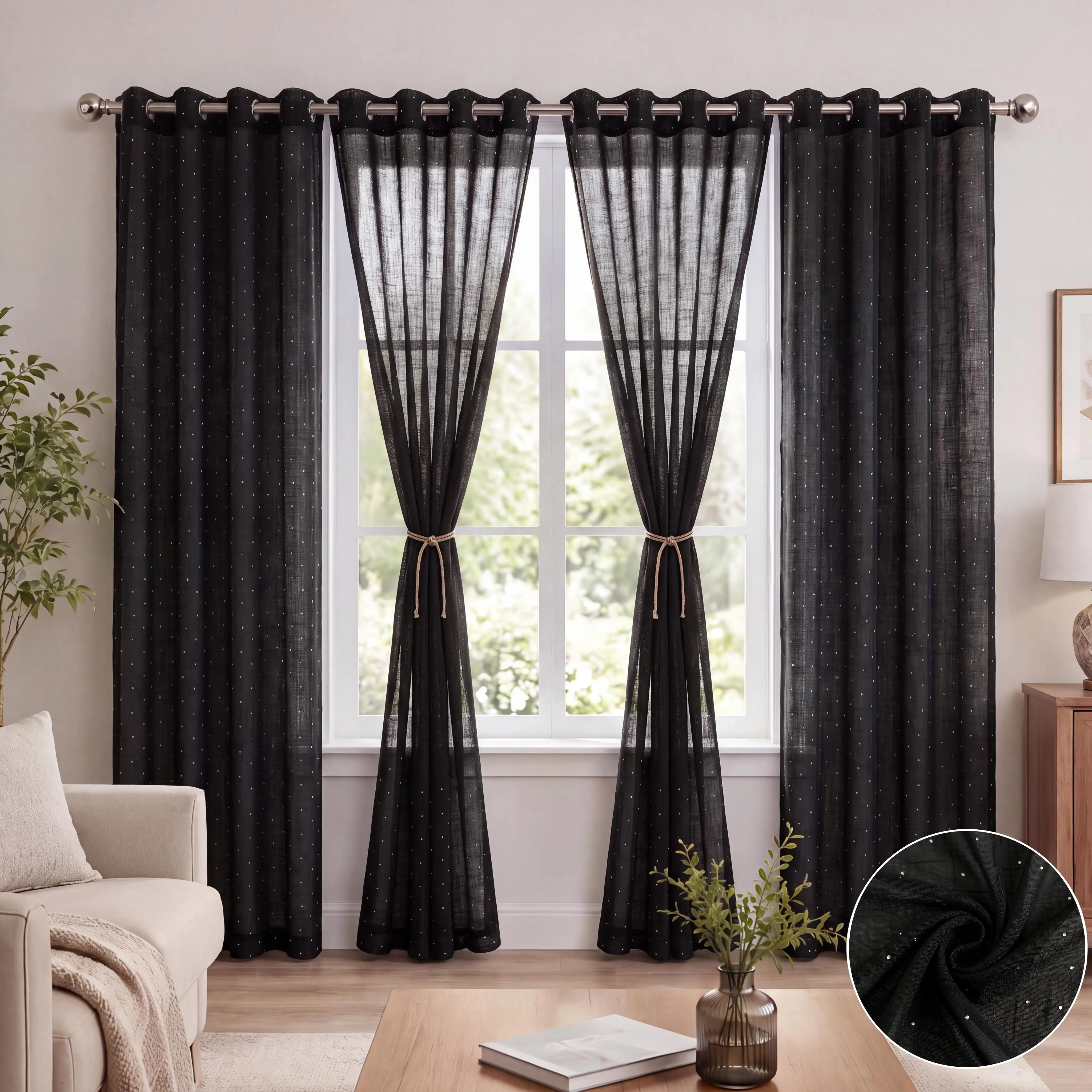 Starry Crystal Dot Sheer Curtains 4 Panels Set 52x84 Inch, Hot Fix Rhinestone Glitter on Cross Weave Linen Look Voile, Semi Transparent Grommet Window Drapes, Elegant Sparkle Decor for Bedroom Living Room Bridal Farmhouse Apartment FT2525