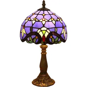 Tiffany Style Table Lamp, Blue Baroque Style Stained Glass Lamp, 8 Inch Small Antique Lamp, for Bedside Nightstand Bedroom Living Room Home Office, Include LED Bulb