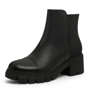 Women's Chunky Heel Ankle Boots Platform Lug Sole Elastic Chelsea Short Booties WIth Side Zipper