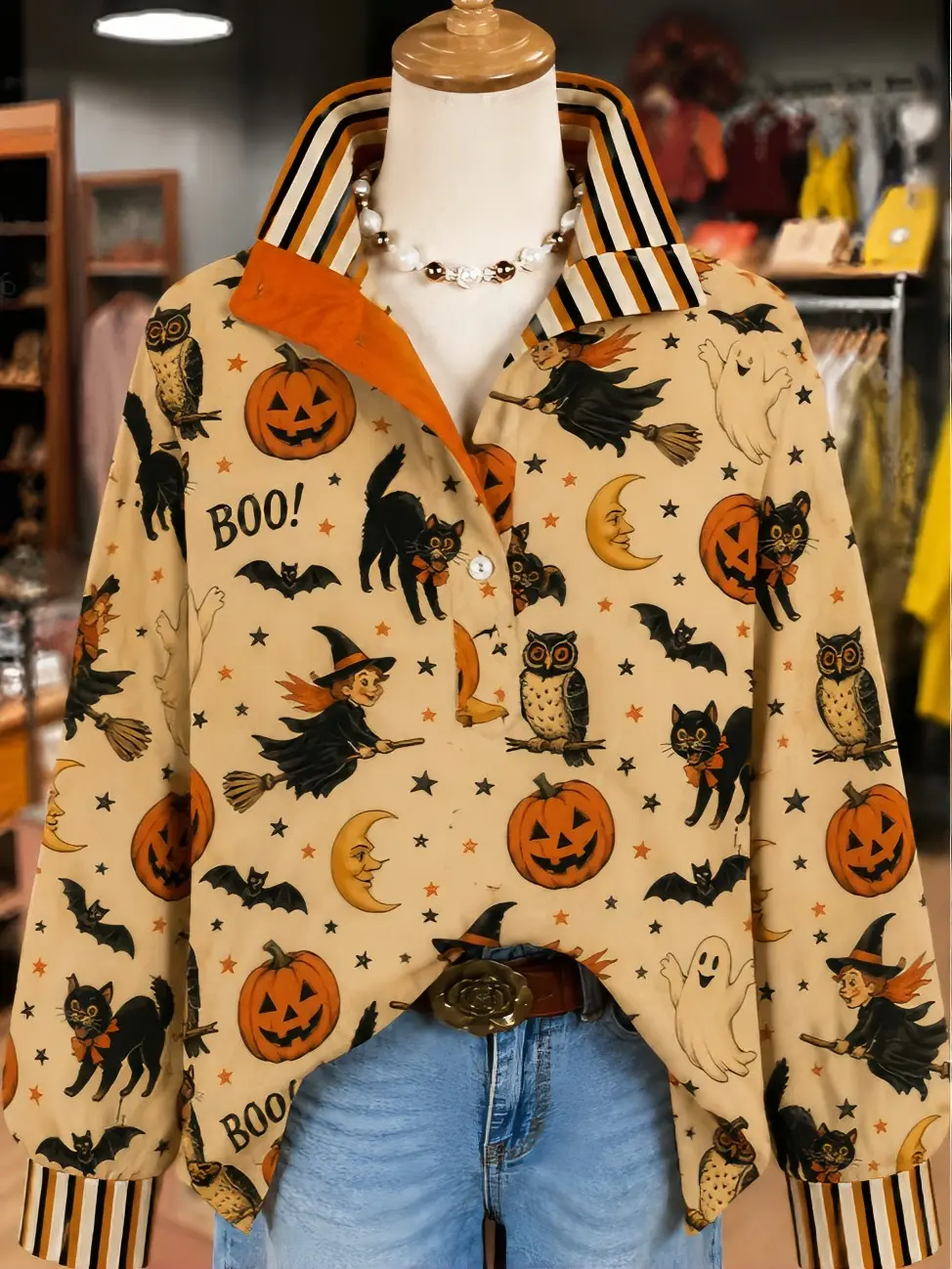Women's Vintage Long-Sleeve Blouse - Striped Collar, Ghost Pumpkin Print, Witch Cat Graphic, Breathable Casual Style, Lady's Fall Festival Outfit, Pumpkin Patch Halloween Teacher Top (with Accessories Compatibility Note)