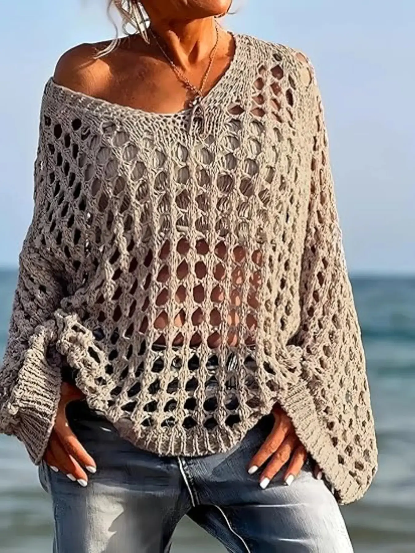 Plus Size Women's Crochet Knit Pullover Sweater, Knitwear, Tops, Long Sleeve, Loose Fit, Oversized, Summer Lightweight, Suitable for Various Occasions, Casual, Knitting