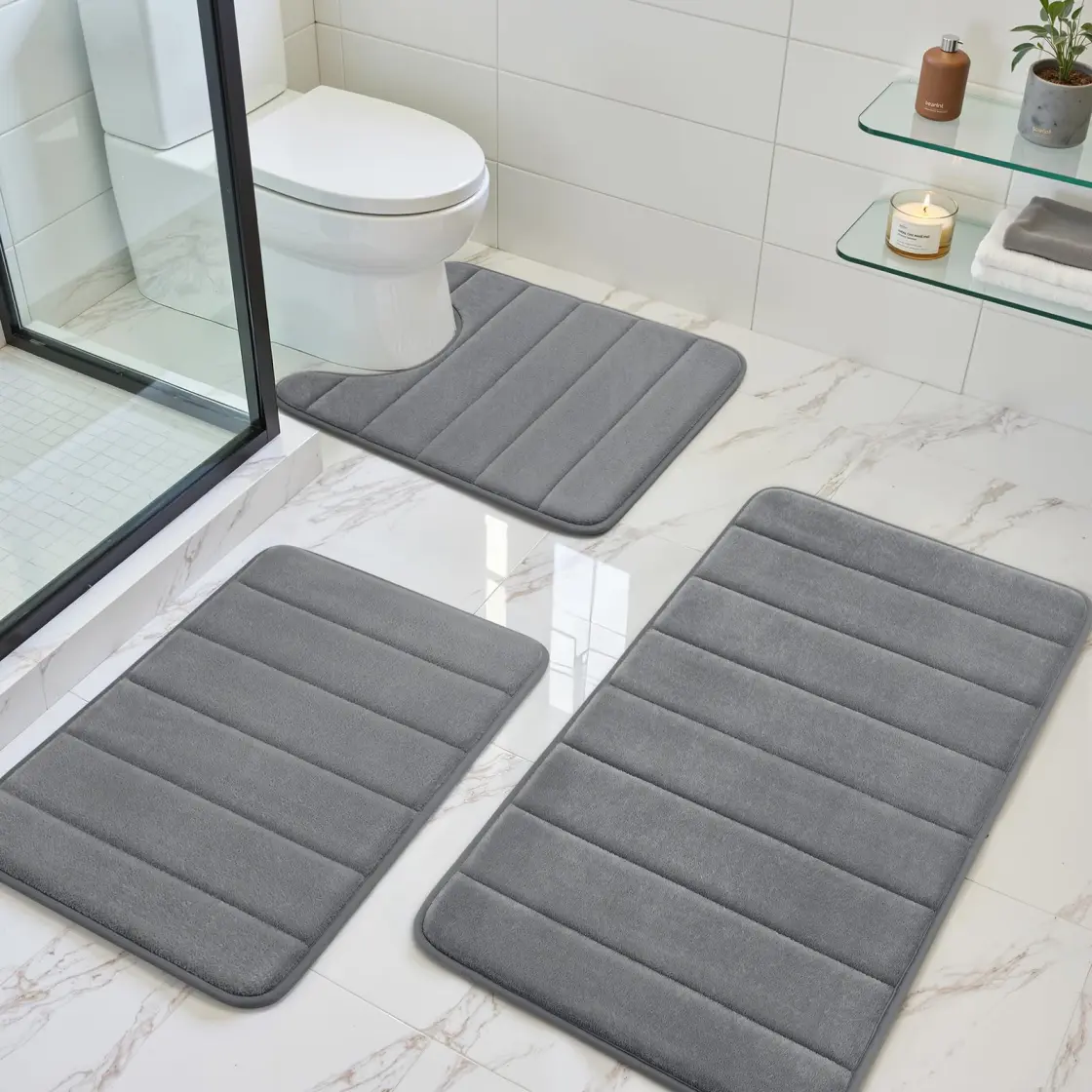 3 Piece Luxury Memory Foam Bathroom Mat Set, Soft Absorbent Quick Dry Non‑Slip Washable Bath Rugs for Shower Toilet Vanity