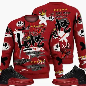 12 Flu Game Ugly Sweater, Flu Game 12s Shirt, Happy Love Beats Graffiti Couples Matching Outfits Streetwear Sneaker Shirt Fabric Womenswear