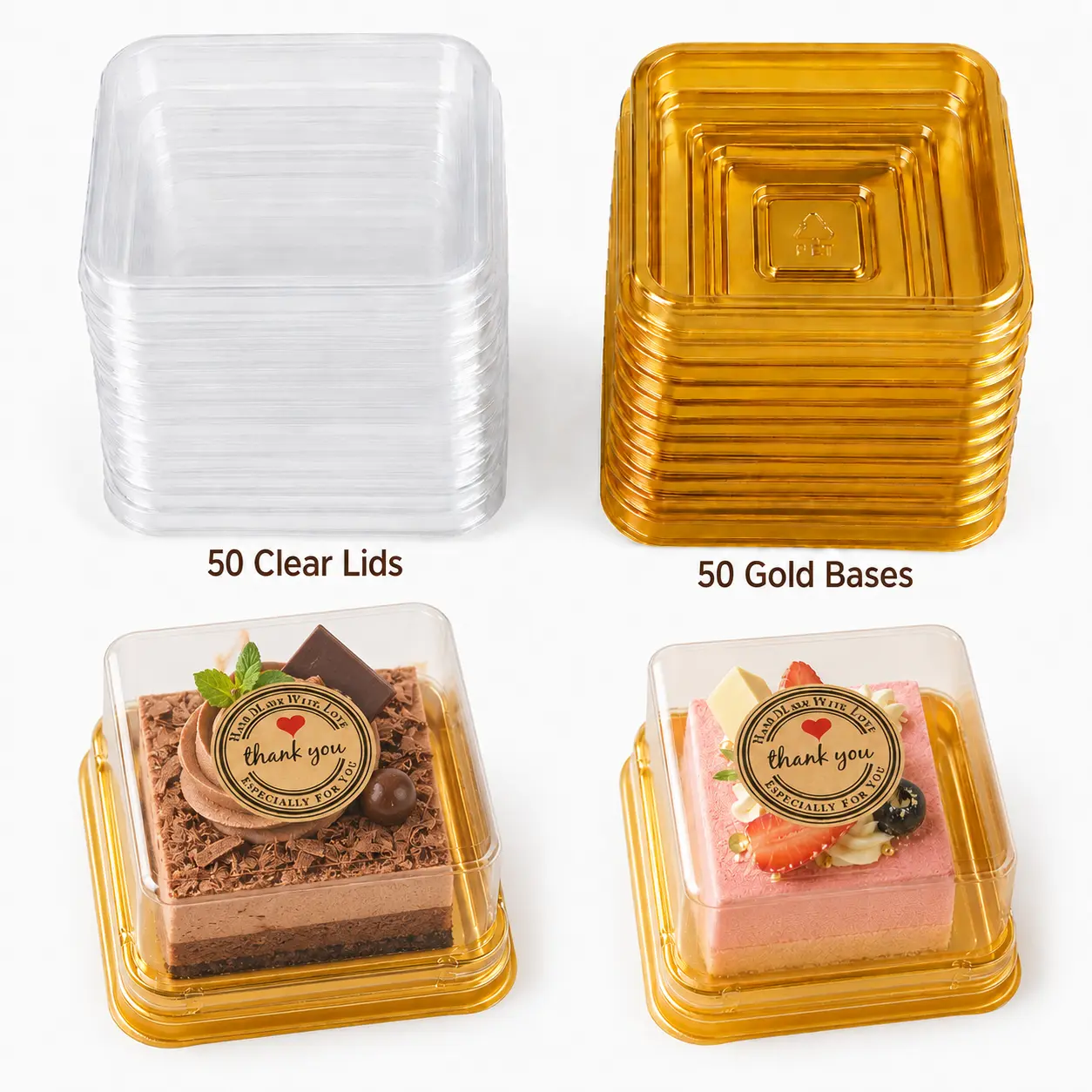 50 packs of square plastic dessert boxes, 72 labels, 3-inch cake containers, suitable for mini cakes, cupcakes, mousse, cookies, brownies, wedding and birthday party gifts, as well as exquisite cake gift packaging.