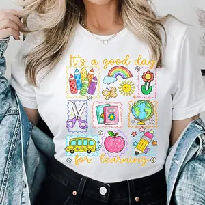 Women's Gildan Cute Teacher Shirt - It's a Good Day for Learning Graphic Tee, Retro Framed School Icons Classroom Outfit, Whimsical Elementary Educator Appreciation Gift