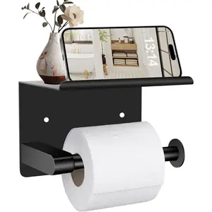 Matte Black Toilet Paper Holder with Shelf, Stainless Steel Tissue Roll Dispenser, Wall-Mounted Modern Bathroom Accessory for Home, Hotel, or Office