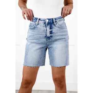 Risen Light Wash Tummy Control Mid Length Raw Hem Shorts