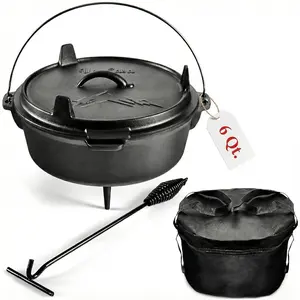 6Qt Cast Iron Camping Dutch Oven with Lid Lifter and Storage Bag - Pre-Seasoned Outdoor Dutch Oven  Campfire Cooking, Stews, and Baking - Durable Cast Iron Pot  Camping and Hiking