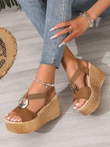 Women's Woven Thick Sole Wedge Heeled Sandals, Suede Metal Buckle, Platform Height Increase, Casual Summer Fashion Shoes for Vacation