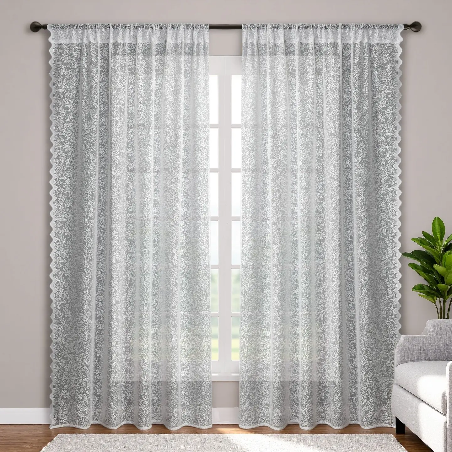 2-piece leaf-patterned window screen, rod-mounted, easy to install, semi-transparent, protects privacy, rustic farmhouse style, suitable for living rooms and bedrooms, lightweight drape-style window screen