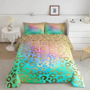 Golden Leopard Designer Comforter Set,Twin Size Bedding Set,Wild Animal Print Comforter,Rainbow Quilted,Microfiber Lightweight Duvet Set