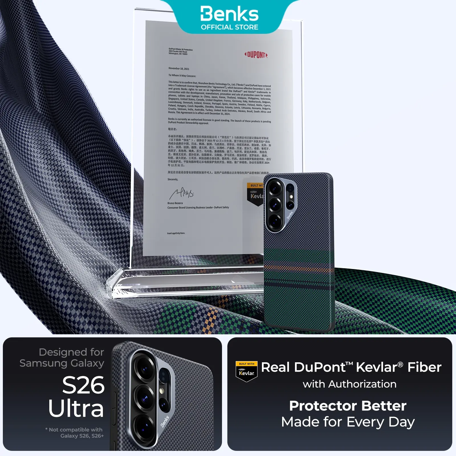 Benks ArmorAurora case made from DuPont 600D Kevlar for Samsung Galaxy S26 Ultra — premium shock-absorbing TPU frame, aluminum camera protection, precise lens protection, supports MagSafe, UV excimer coating