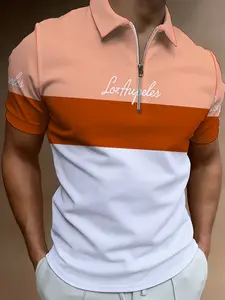 Color Block Men's Zip Short Sleeve Polo Shirt, Orange & White Color Block Fashion Slim Fit Men's Lapel T-Shirt, Casual Trendy Top