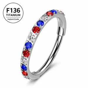Implant Grade F136 Titanium 4th of July Nose Ring Hoop Red  White Blue CZ Gem Hinged Clicker 20G 20 Gauge Patriotic  Cartilage Helix Daith Septum Piercing Jewelry Gift for Women