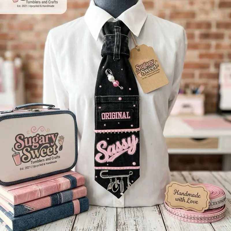Sassy/Original Upcycled Denim Statement Tie – Handmade Pink & Black Fashion Accessory