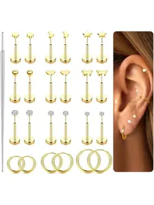 Threadless Flat Back Earrings 316L Surgical Steel Golden Cartilage Earrings for Women Men Hypoallergenic Small Hoop CZ Push in Flat Back Nose Stud Tragus Helix Conch Piercing Jewelry 20G 18G
