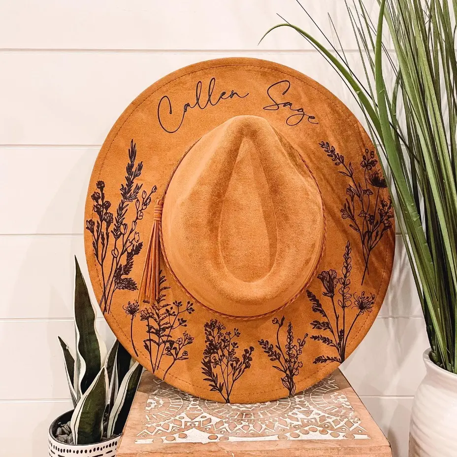 Wide Brim Felt Cowboy Hat with Floral Engraved Buckle Belt Engraved Floral Cowboy Hat – Camelia Mexican Boutique main image 4