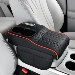 Car Center Console Armrest Cover with Cup Holder, PU Leather Armrest Pad, Non-Slip Cushion, Storage Pocket, Universal Fit for Cars, Suvs, Trucks