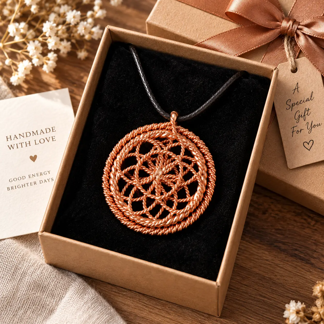 Hand-Woven Copper Pendant Necklace, Sacred Geometry Mandala Design, Handmade Artisan Jewelry, Unique Gift for Her, Black Adjustable Cord