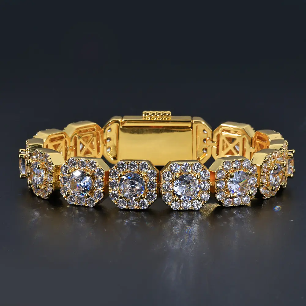12MM Iced Out Square Honeycomb Bracelet For Men | Two-Tone Gold Silver