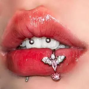 1pc Y2K Style Bat Lip Ring with Sparkling Pink Synthetic Zirconia – Stainless Steel Body for Everyday & Party Wear, Elegant and Cute Design for Women, Lip Piercing |   Playful Aesthetic |   Stainless Steel