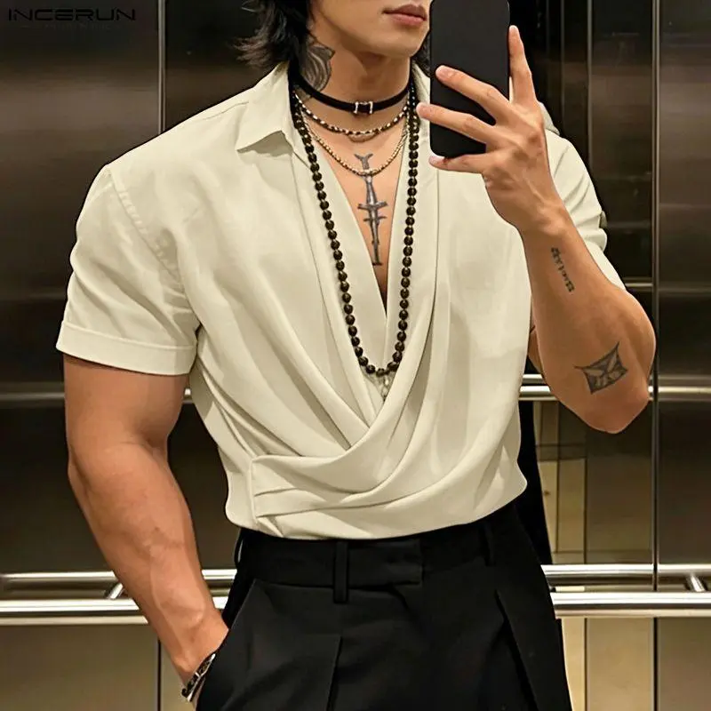 INCERUN Men's Wear Short-Sleeve Classic Draped Wrap Shirt, Elegant Deep V Chic Fashion T-Shirt for Date Night Fits
