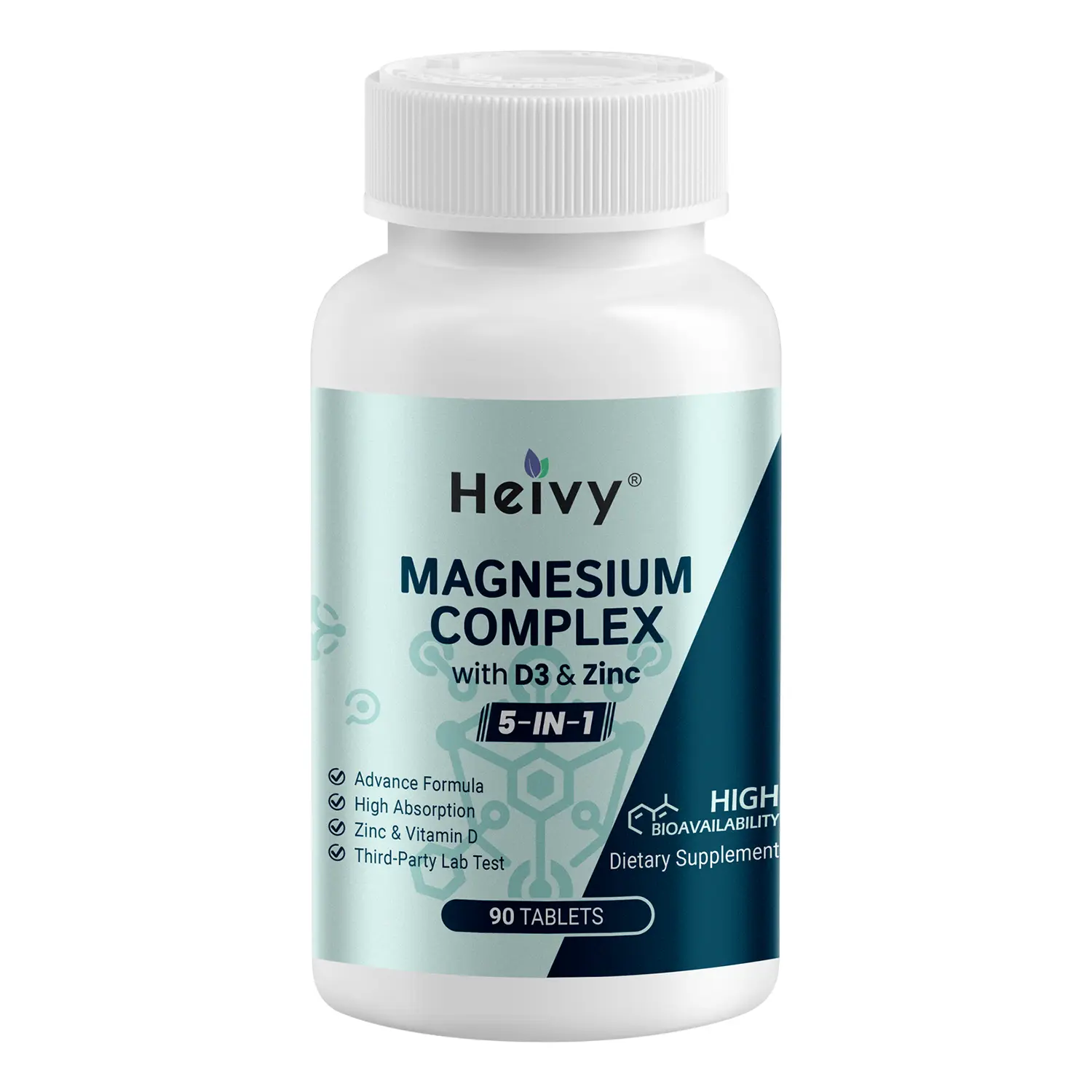 Heivy 5-in-1 Magnesium Complex Supplement with 230mg Magnesium Blend (Glycinate, Gluconate, Malate, Citrate, Oxide), Plus Zinc and Vitamin D3 for High Absorption, 90 Tablets