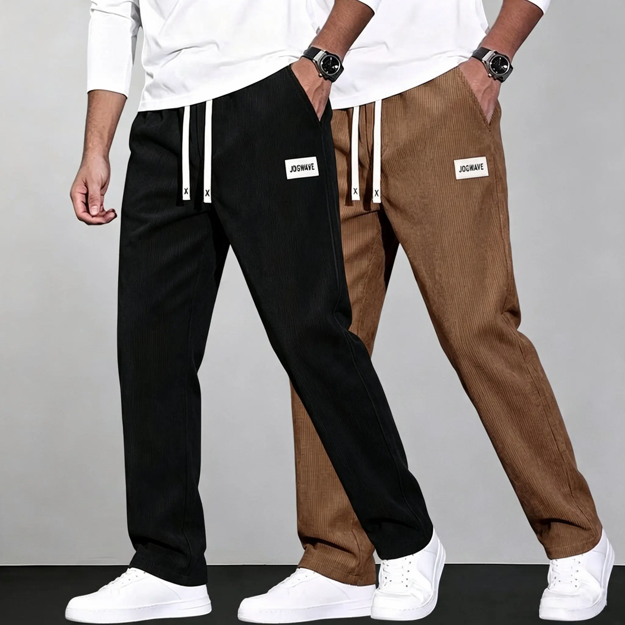 Men’s Plain 2-Piece Corduroy Mix Set - Loose-Fit Casual Straight-Leg Drawstring Pants with Slant Pockets, Breathable for City Walks, Camping Essentials (Cold Wash Safe)  pantalones para hombre pants for men pantalones de trabajo hombre work pants
