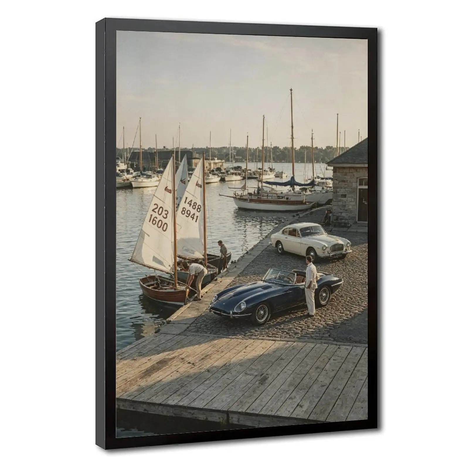 Slim Aarons Vintage Harbor Yacht Photography Canvas Print, Retro Classic Sports Car Sailboat Wall Art, Old Money Coastal Nautical Wall Decor for Living Room Bedroom