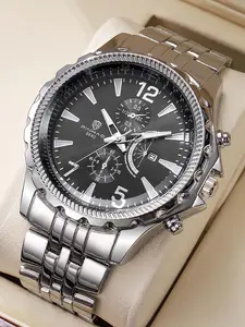 Men's Omega Business Large Dial Steel Band Multi-Function Digital Calendar Quartz Watch