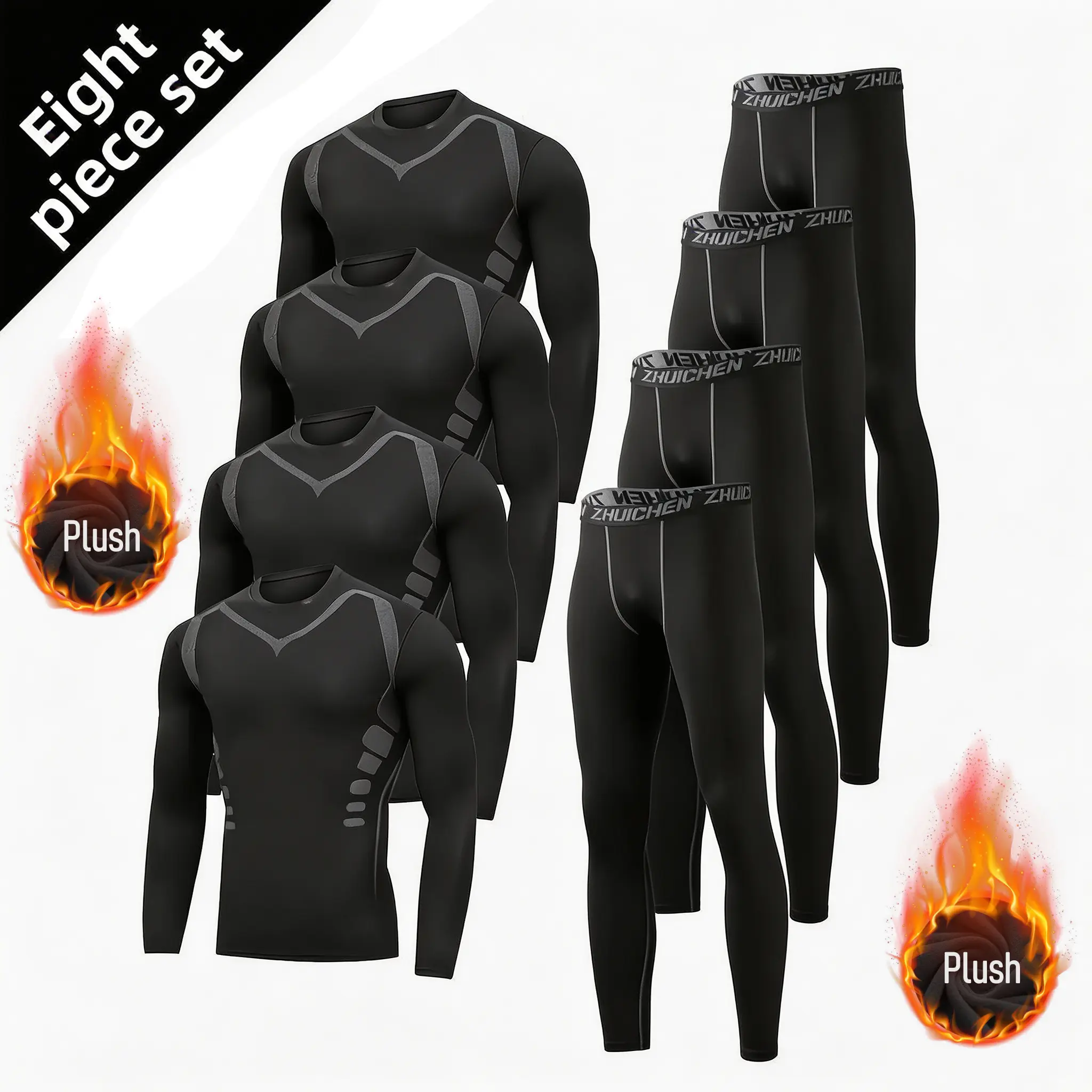 8pcs Fleece Sports Outfit for Men Breathable Durable 3-piece Formal Suit Casual Color Block Stretch Performance Fabric Tight-fitting Long Sleeve Top Sun Hoodie Shirt Sporty Yoga Set summerwins,