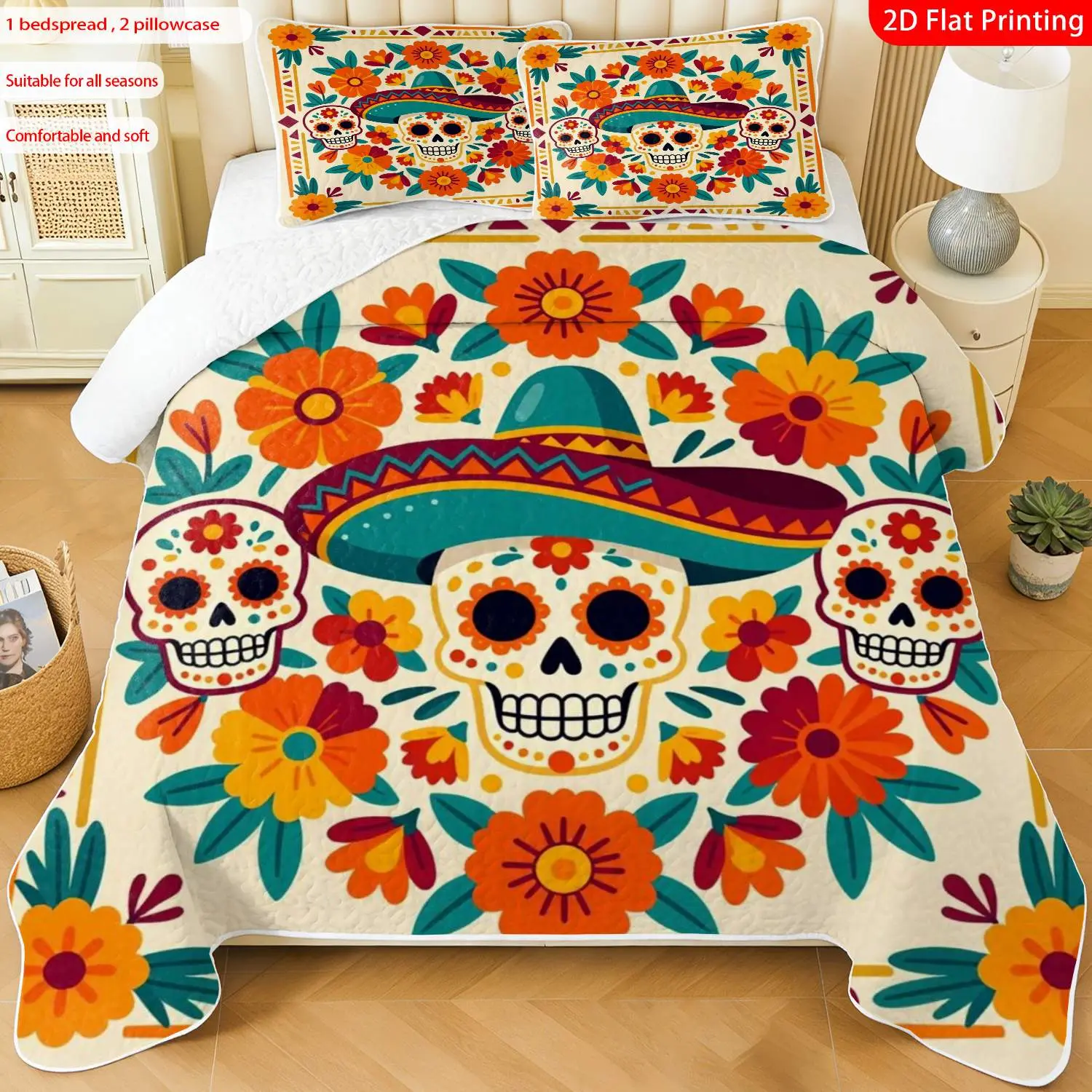 3 pcs, 2D Flat Print Day of the Dead Skull Floral Bedspread Set, Soft and Comfortable, Multiple Sizes Available, Suitable for Gifting and Daily Use, Ideal for Creating a Cozy Home Atmosphere(1 bedspread , 2 pillowcases)