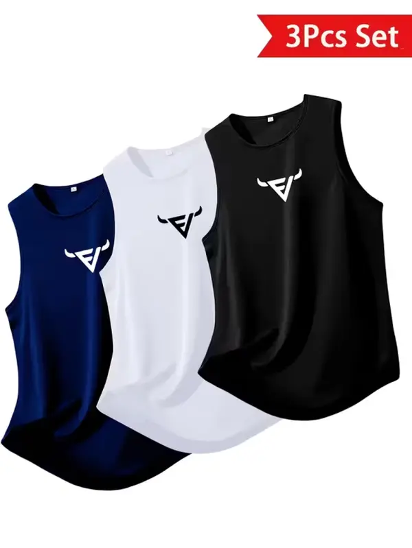 MTTYYD Men's Unisex Polyester 3-Pieces Summer Casual Sleeveless Vest, Bull Horn Pattern Print, Breathable Outdoor Sports/Gym/Daily Wear