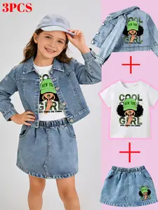 Girls' Autumn New Trendy Denim Three-Piece Set, Cool Girl Printed Denim Jacket + T-Shirt + Short Skirt, Fashionable Kids