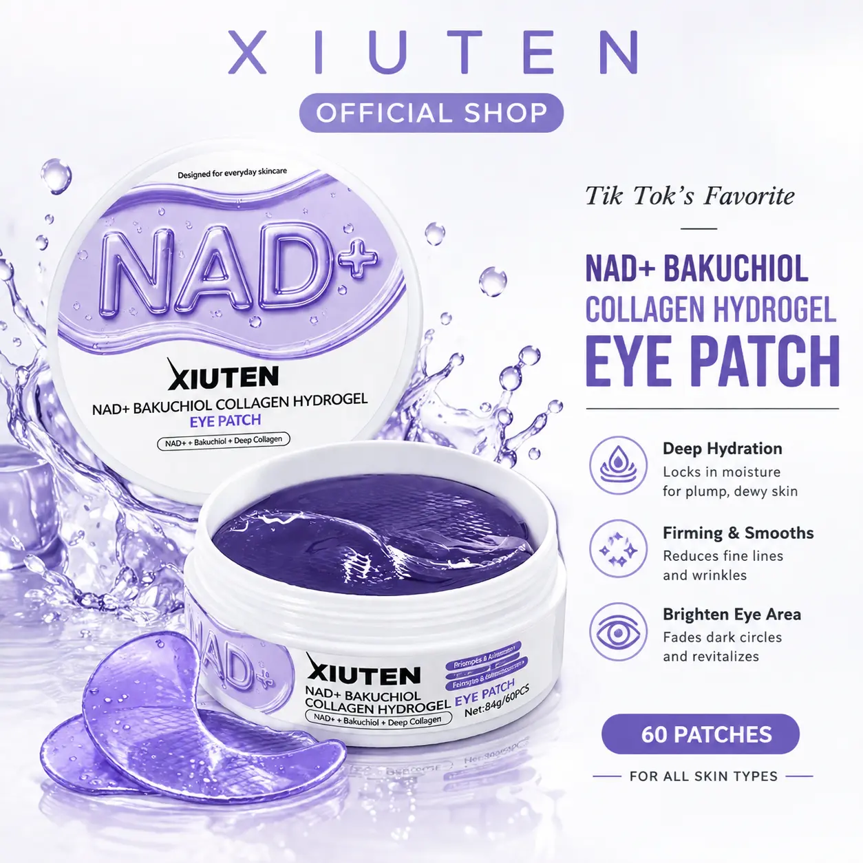 XIUTEN NAD+ Bakuchiol Collagen Hydrogel Eye Patch, Anti Aging Eye Mask with NAD+, Bakuchiol & Collagen, Under Eye Patches for Fine Lines, Puffiness, Hydrating Eye Care, 84g / 60 Patches,Moisture,Brightening,Daily,Firming