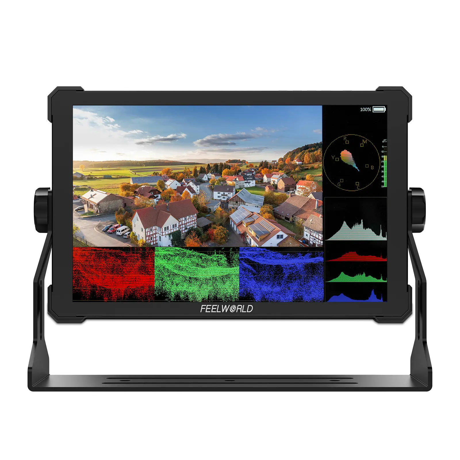 FEELWORLD T10 10.1 Inch IPS DSLR Camera Field Monitor, Touchscreen Accessory with Waveform, HDR, 3D LUT Out, Aluminum Housing, Rubberized Corners, USB-A, 0.1128x0.1128mm Size, HDMI 2.0, 3.5mm Stereo Headphone, 500cd/m², 12V for Video Recording Equipment
