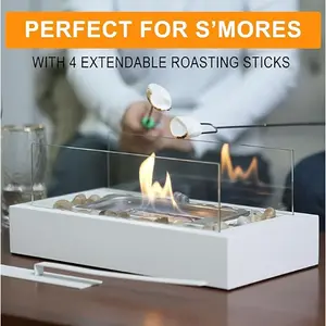 table top fire pit   Rectangular desktop fire pit - Safer burning stainless steel mini fireplace surrounded by pebbles, smoke generator, indoor/outdoor fire pit - Comes with barbecue fork as a gift Small fireplace